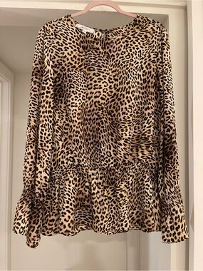 libby. edelman Leopard Print Long-Sleeve Peplum Blouse - Beige/Black